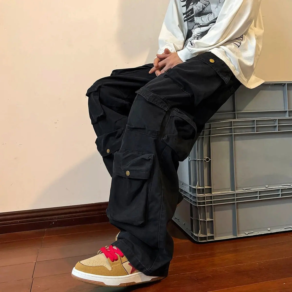 Pantalones Cargo con múltiples bolsillos para hombre, pantalón de herramientas Harajuku, pantalones de pierna ancha holgados Vintage, ropa de calle informal, pantalones de fregado de Hip - hop - SYN PERU