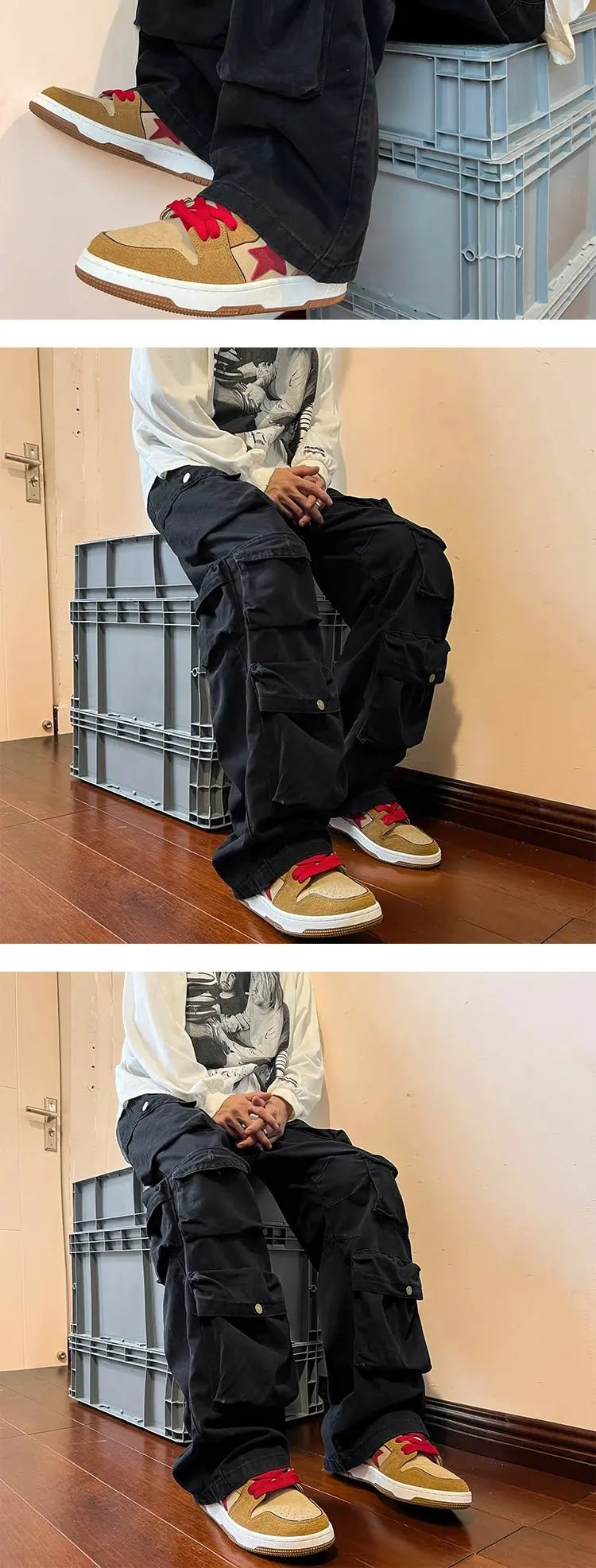 Pantalones Cargo con múltiples bolsillos para hombre, pantalón de herramientas Harajuku, pantalones de pierna ancha holgados Vintage, ropa de calle informal, pantalones de fregado de Hip - hop - SYN PERU
