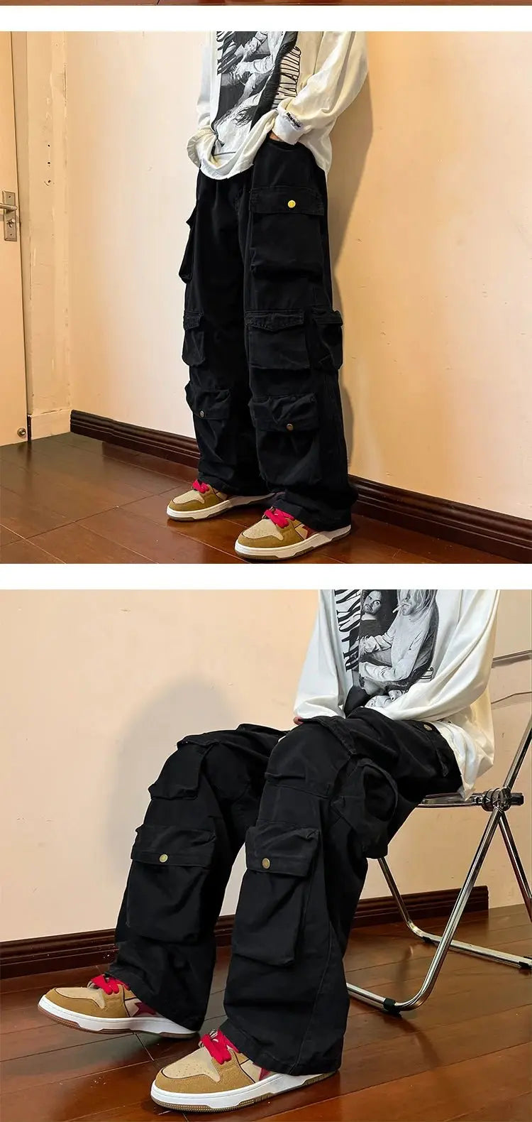 Pantalones Cargo con múltiples bolsillos para hombre, pantalón de herramientas Harajuku, pantalones de pierna ancha holgados Vintage, ropa de calle informal, pantalones de fregado de Hip - hop - SYN PERU