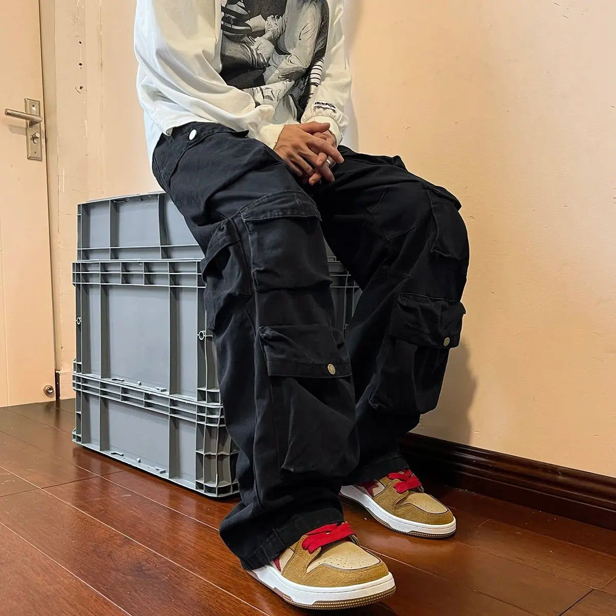 Pantalones Cargo con múltiples bolsillos para hombre, pantalón de herramientas Harajuku, pantalones de pierna ancha holgados Vintage, ropa de calle informal, pantalones de fregado de Hip - hop - SYN PERU