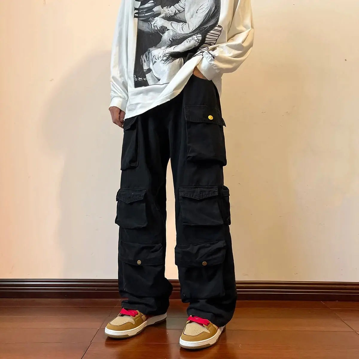 Pantalones Cargo con múltiples bolsillos para hombre, pantalón de herramientas Harajuku, pantalones de pierna ancha holgados Vintage, ropa de calle informal, pantalones de fregado de Hip - hop - SYN PERU