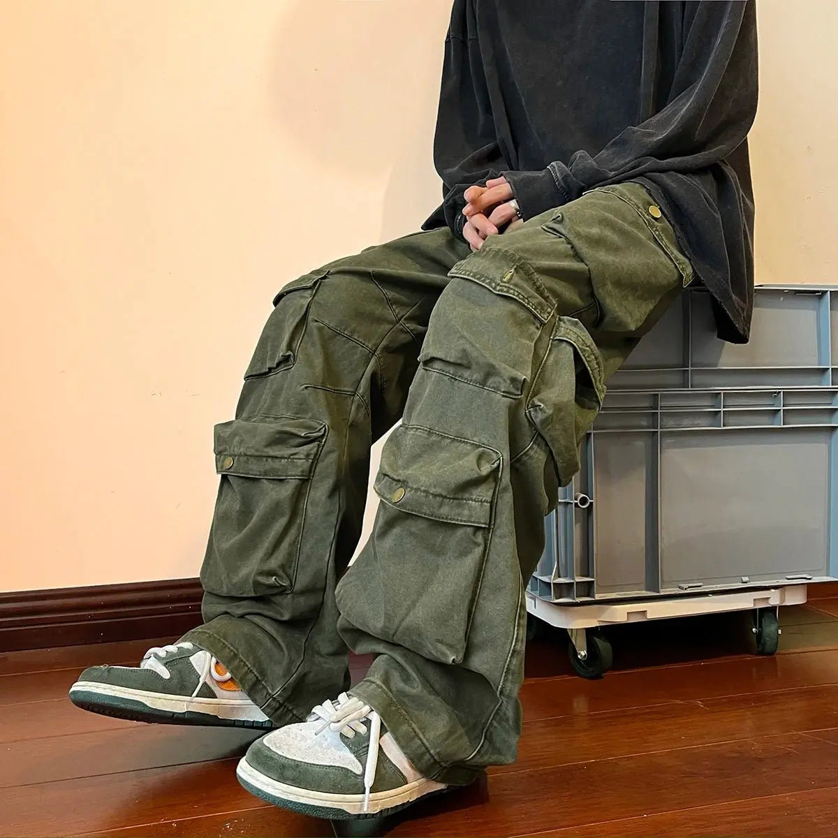 Pantalones Cargo con múltiples bolsillos para hombre, pantalón de herramientas Harajuku, pantalones de pierna ancha holgados Vintage, ropa de calle informal, pantalones de fregado de Hip - hop - SYN PERU