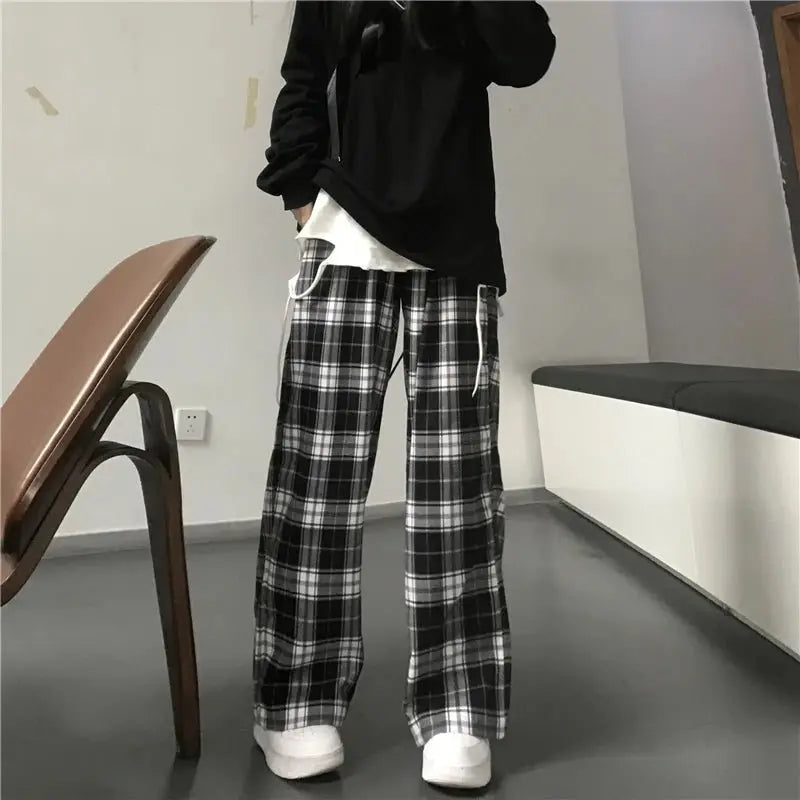 Pantalones de chándal de gran tamaño para mujer, pantalón informal a cuadros negros, holgado, con bolsillos de cintura elástica, Hip Hop, Unisex - SYN PERU