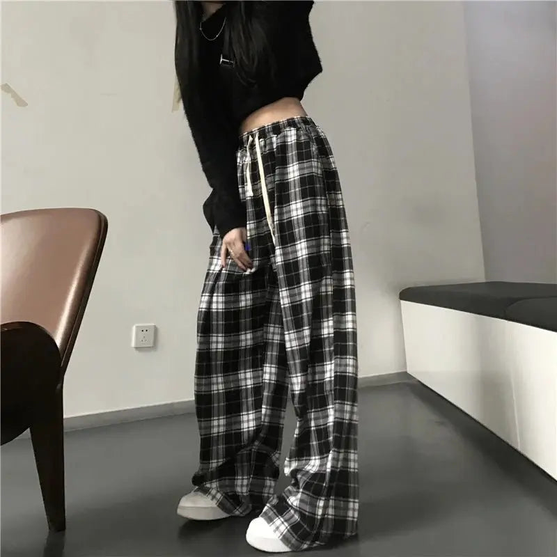 Pantalones de chándal de gran tamaño para mujer, pantalón informal a cuadros negros, holgado, con bolsillos de cintura elástica, Hip Hop, Unisex - SYN PERU