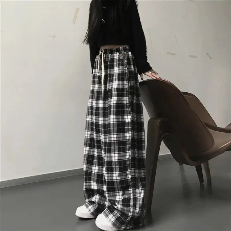 Pantalones de chándal de gran tamaño para mujer, pantalón informal a cuadros negros, holgado, con bolsillos de cintura elástica, Hip Hop, Unisex - SYN PERU