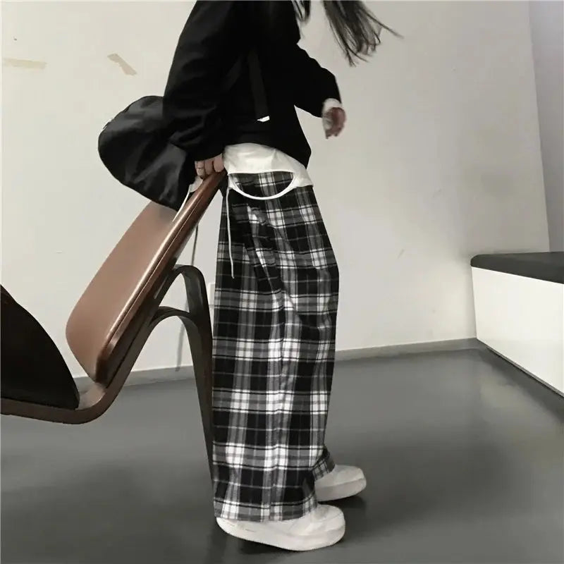 Pantalones de chándal de gran tamaño para mujer, pantalón informal a cuadros negros, holgado, con bolsillos de cintura elástica, Hip Hop, Unisex - SYN PERU