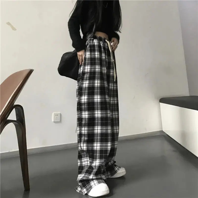 Pantalones de chándal de gran tamaño para mujer, pantalón informal a cuadros negros, holgado, con bolsillos de cintura elástica, Hip Hop, Unisex - SYN PERU