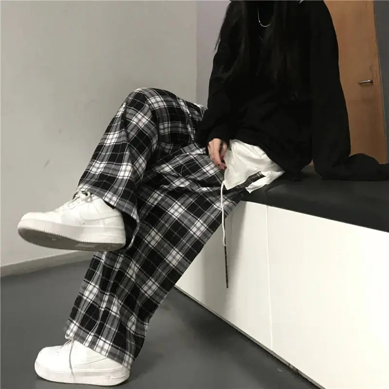 Pantalones de chándal de gran tamaño para mujer, pantalón informal a cuadros negros, holgado, con bolsillos de cintura elástica, Hip Hop, Unisex - SYN PERU