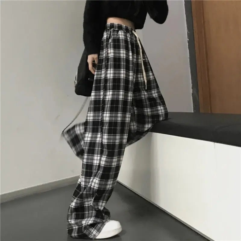 Pantalones de chándal de gran tamaño para mujer, pantalón informal a cuadros negros, holgado, con bolsillos de cintura elástica, Hip Hop, Unisex - SYN PERU