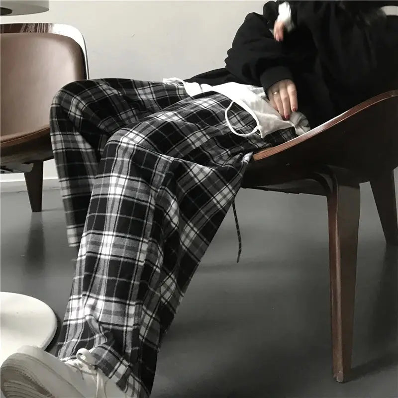 Pantalones de chándal de gran tamaño para mujer, pantalón informal a cuadros negros, holgado, con bolsillos de cintura elástica, Hip Hop, Unisex - SYN PERU