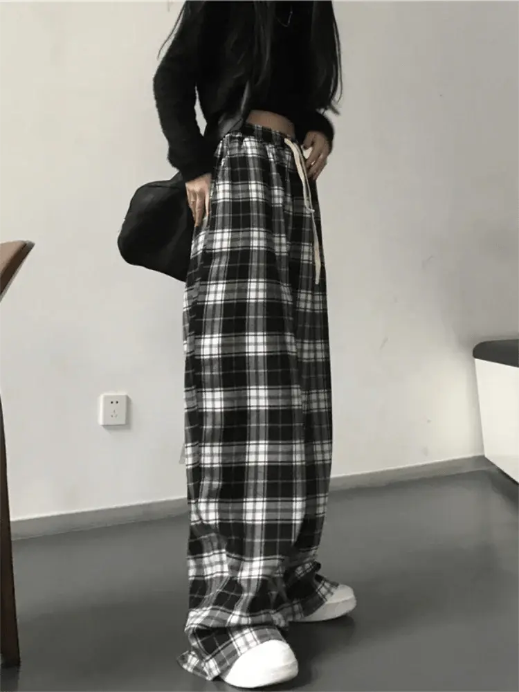 Pantalones de chándal de gran tamaño para mujer, pantalón informal a cuadros negros, holgado, con bolsillos de cintura elástica, Hip Hop, Unisex - SYN PERU