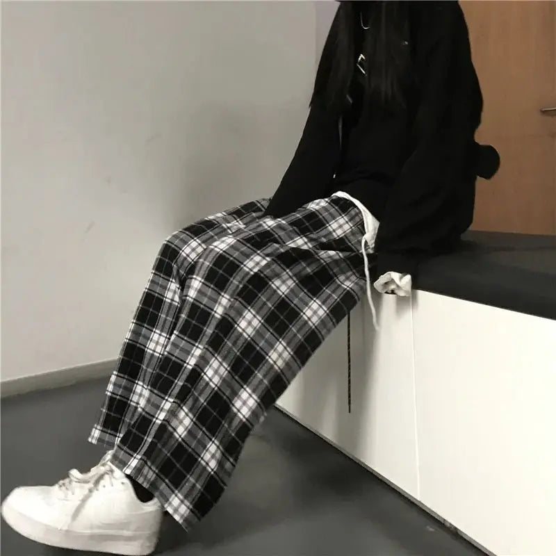 Pantalones de chándal de gran tamaño para mujer, pantalón informal a cuadros negros, holgado, con bolsillos de cintura elástica, Hip Hop, Unisex - SYN PERU