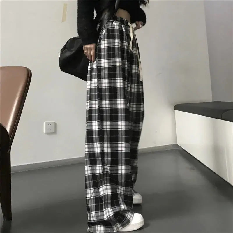 Pantalones de chándal de gran tamaño para mujer, pantalón informal a cuadros negros, holgado, con bolsillos de cintura elástica, Hip Hop, Unisex - SYN PERU