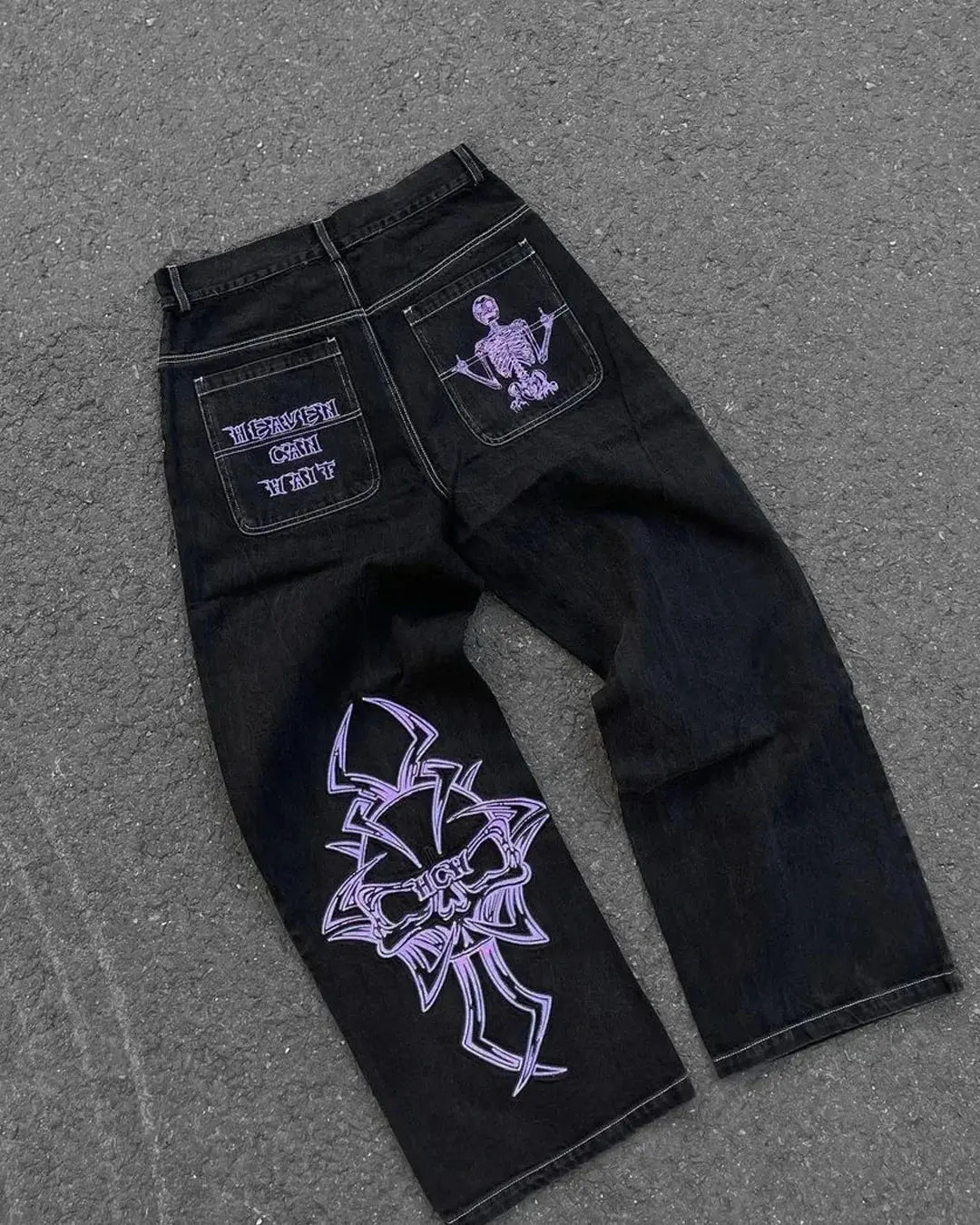 Pantalones vaqueros con bordado de letras para Hombre, ropa de calle Y2K, Pantalones Cargo de mezclilla de pierna ancha holgados informales rectos, Pantalones de Hip Hop para Hombre - SYN PERU