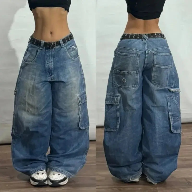 Pantalones vaqueros holgados lavados con múltiples bolsillos para hombre y mujer, Pantalón ancho de cintura alta, informal, Hip - hop, Harajuku, Y2K, moda urbana, nuevo - SYN PERU