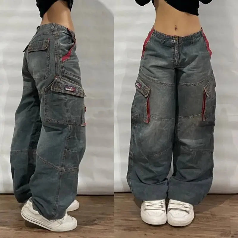 Pantalones vaqueros holgados lavados con múltiples bolsillos para hombre y mujer, Pantalón ancho de cintura alta, informal, Hip - hop, Harajuku, Y2K, moda urbana, nuevo - SYN PERU