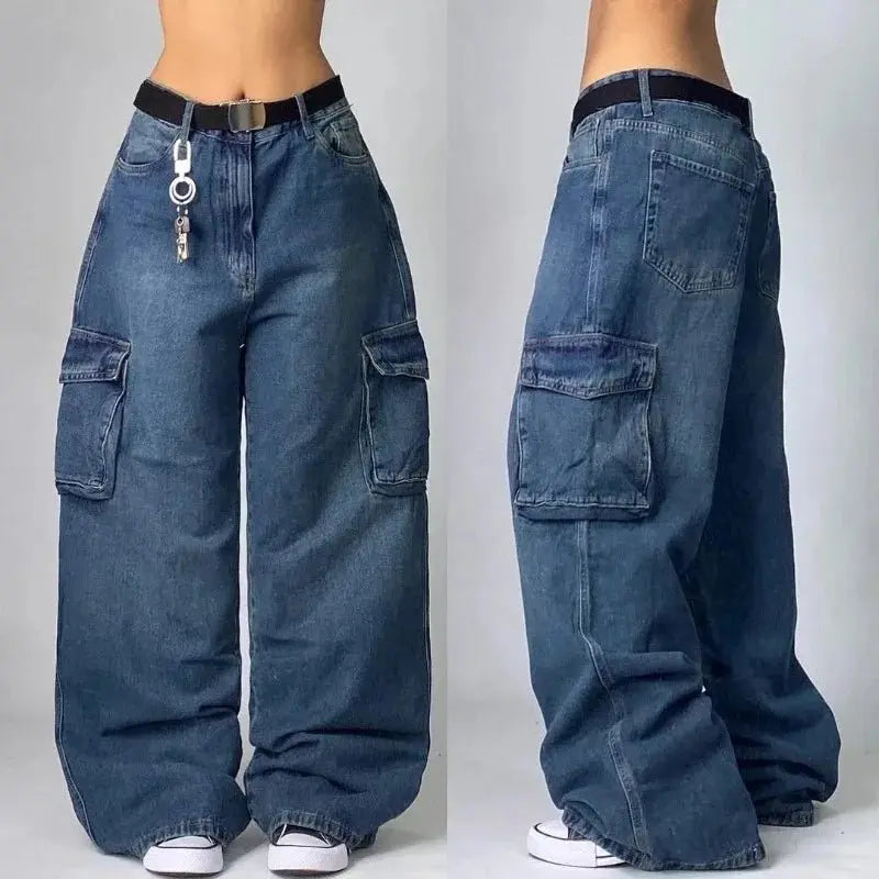 Pantalones vaqueros holgados lavados con múltiples bolsillos para hombre y mujer, Pantalón ancho de cintura alta, informal, Hip - hop, Harajuku, Y2K, moda urbana, nuevo - SYN PERU