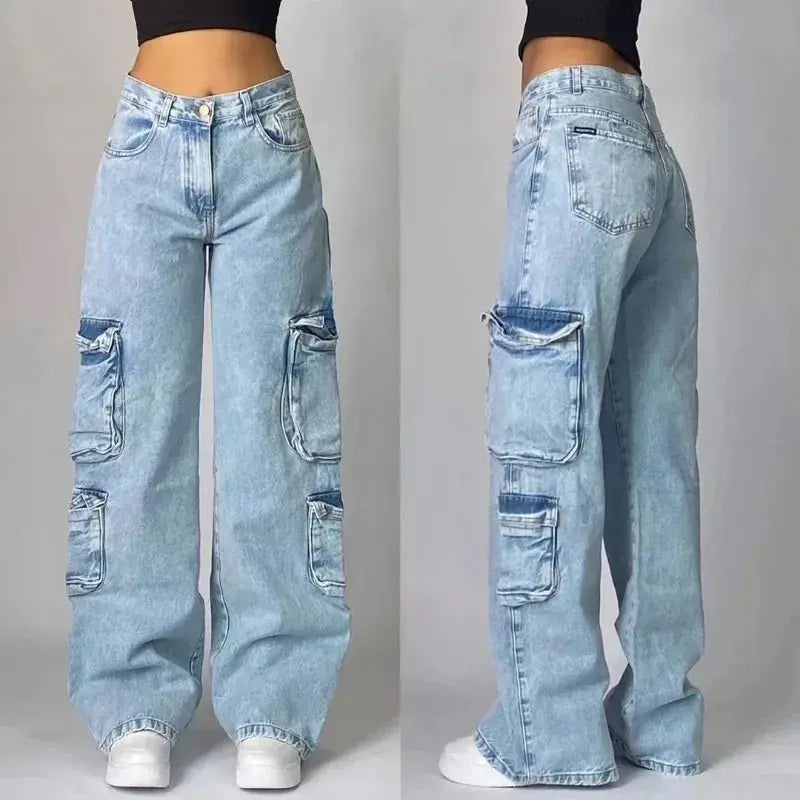 Pantalones vaqueros holgados lavados con múltiples bolsillos para hombre y mujer, Pantalón ancho de cintura alta, informal, Hip - hop, Harajuku, Y2K, moda urbana, nuevo - SYN PERU
