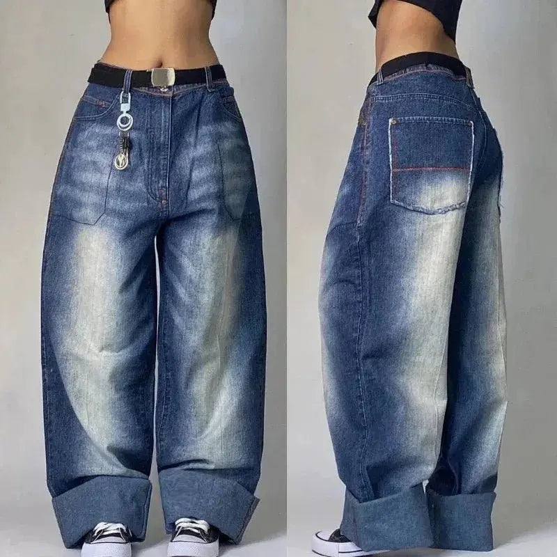 Pantalones vaqueros holgados lavados con múltiples bolsillos para hombre y mujer, Pantalón ancho de cintura alta, informal, Hip - hop, Harajuku, Y2K, moda urbana, nuevo - SYN PERU