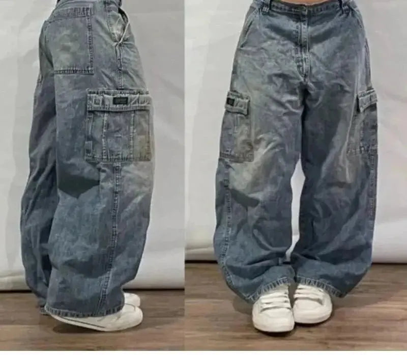 Pantalones vaqueros Vintage para hombre y mujer, Jeans anchos de cintura alta, varios bolsillos, azul lavado, Y2K, Harajuku, calle, nuevo - SYN PERU