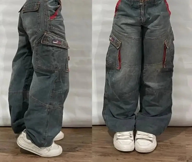 Pantalones vaqueros Vintage para hombre y mujer, Jeans anchos de cintura alta, varios bolsillos, azul lavado, Y2K, Harajuku, calle, nuevo - SYN PERU