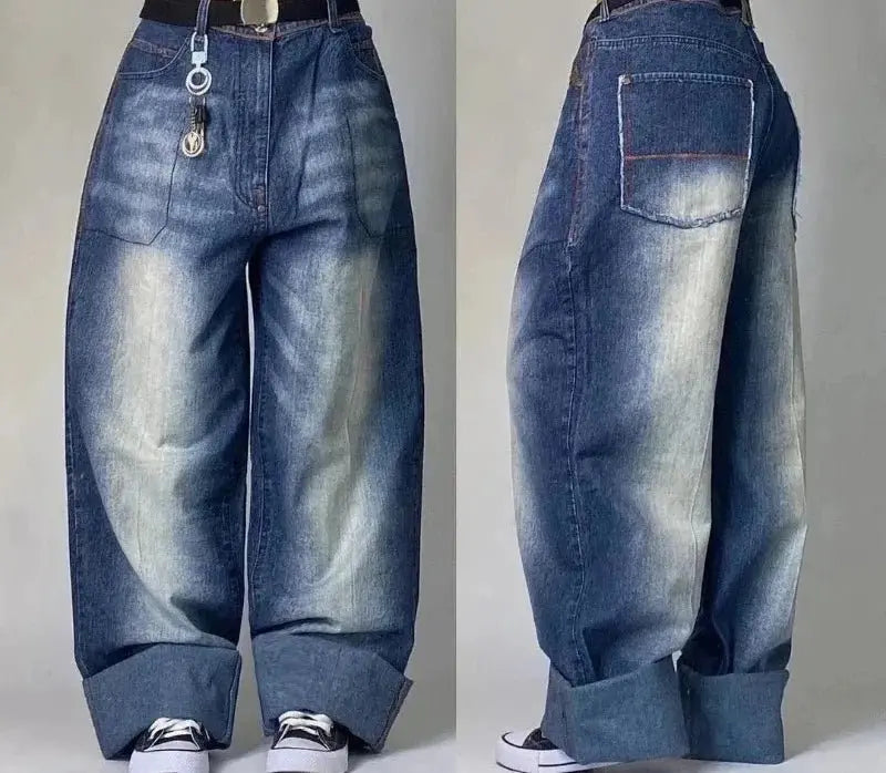 Pantalones vaqueros Vintage para hombre y mujer, Jeans anchos de cintura alta, varios bolsillos, azul lavado, Y2K, Harajuku, calle, nuevo - SYN PERU