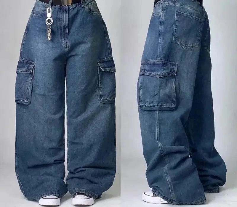 Pantalones vaqueros Vintage para hombre y mujer, Jeans anchos de cintura alta, varios bolsillos, azul lavado, Y2K, Harajuku, calle, nuevo - SYN PERU