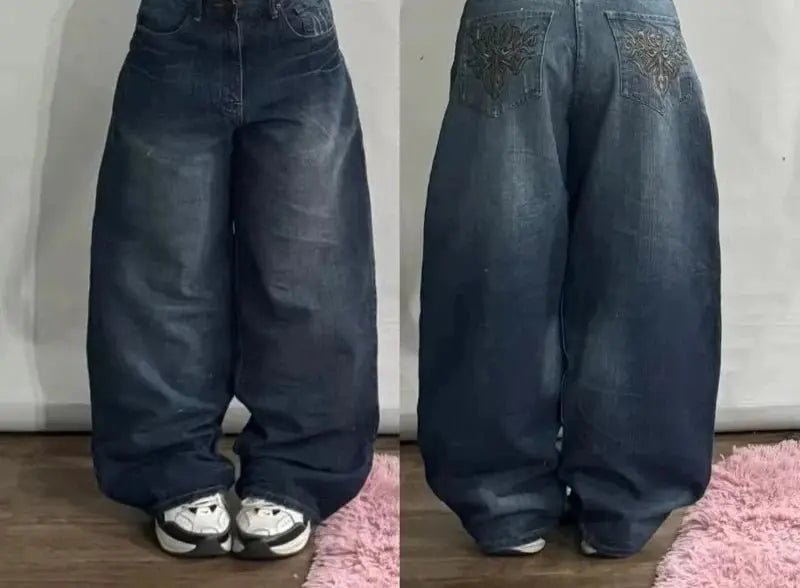Pantalones vaqueros Vintage para hombre y mujer, Jeans anchos de cintura alta, varios bolsillos, azul lavado, Y2K, Harajuku, calle, nuevo - SYN PERU