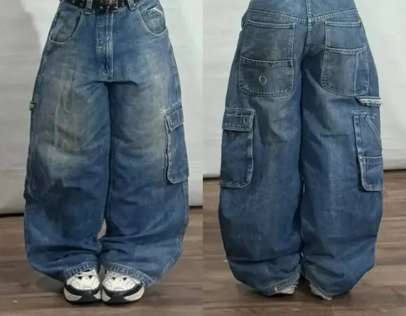 Pantalones vaqueros Vintage para hombre y mujer, Jeans anchos de cintura alta, varios bolsillos, azul lavado, Y2K, Harajuku, calle, nuevo - SYN PERU