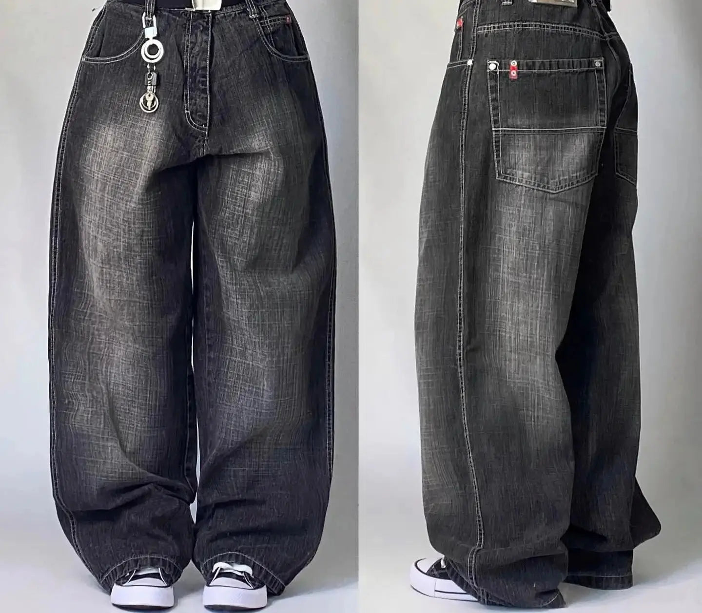 Pantalones vaqueros Vintage para hombre y mujer, Jeans anchos de cintura alta, varios bolsillos, azul lavado, Y2K, Harajuku, calle, nuevo - SYN PERU