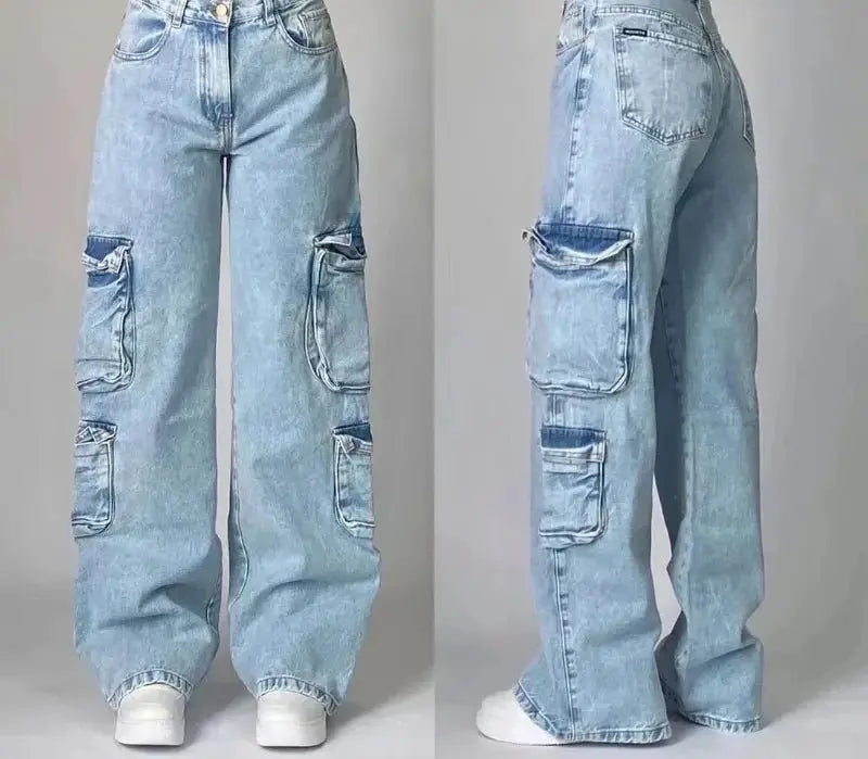 Pantalones vaqueros Vintage para hombre y mujer, Jeans anchos de cintura alta, varios bolsillos, azul lavado, Y2K, Harajuku, calle, nuevo - SYN PERU