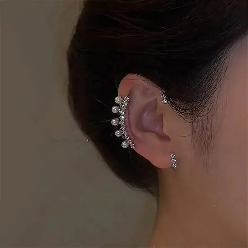 Silver Color Pearl Ear Cuff – Vintage Crystal Zircon Ear Clip, No Piercing Required, Fashion Jewelry for Women - SYN PERU