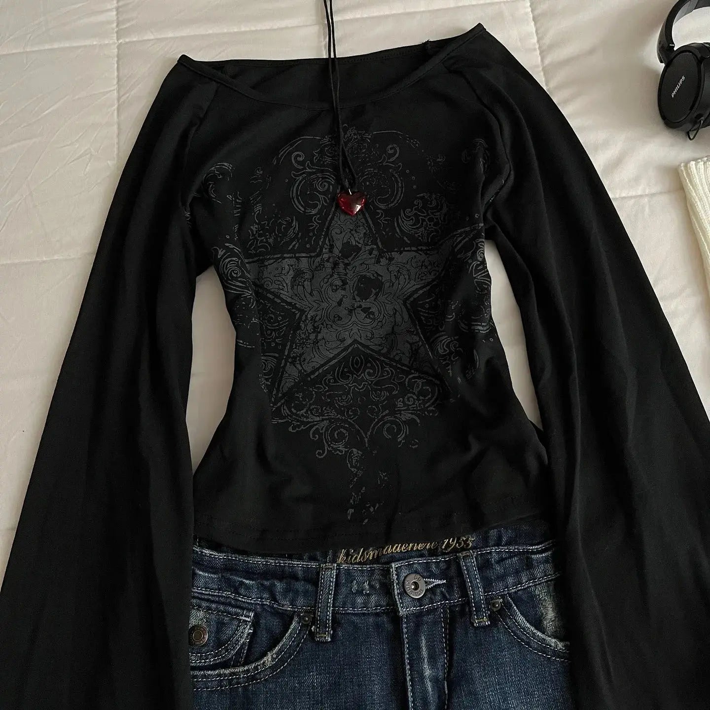 Top con patrón Grunge Emo Y2K, adecuado para otoño, e - girls, estilo Millennium, estampado gótico estético para mujer, camiseta holgada de manga larga - SYN PERU
