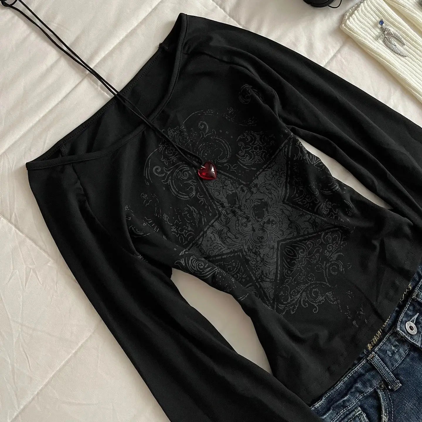 Top con patrón Grunge Emo Y2K, adecuado para otoño, e - girls, estilo Millennium, estampado gótico estético para mujer, camiseta holgada de manga larga - SYN PERU