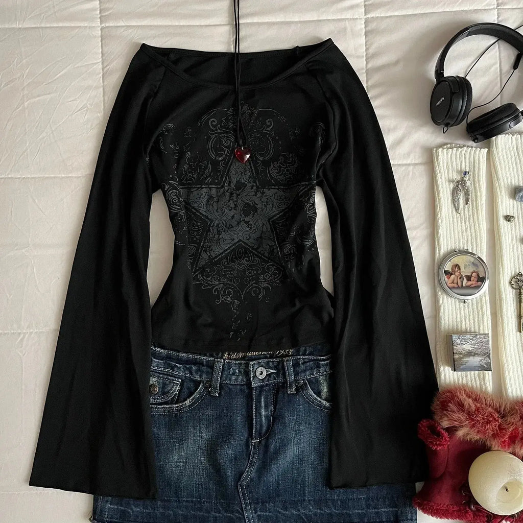 Top con patrón Grunge Emo Y2K, adecuado para otoño, e - girls, estilo Millennium, estampado gótico estético para mujer, camiseta holgada de manga larga - SYN PERU