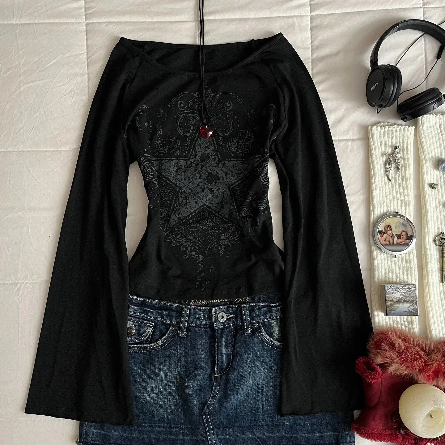 Top con patrón Grunge Emo Y2K, adecuado para otoño, e - girls, estilo Millennium, estampado gótico estético para mujer, camiseta holgada de manga larga - SYN PERU