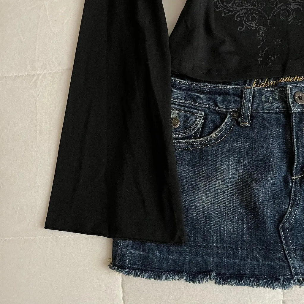 Top con patrón Grunge Emo Y2K, adecuado para otoño, e - girls, estilo Millennium, estampado gótico estético para mujer, camiseta holgada de manga larga - SYN PERU