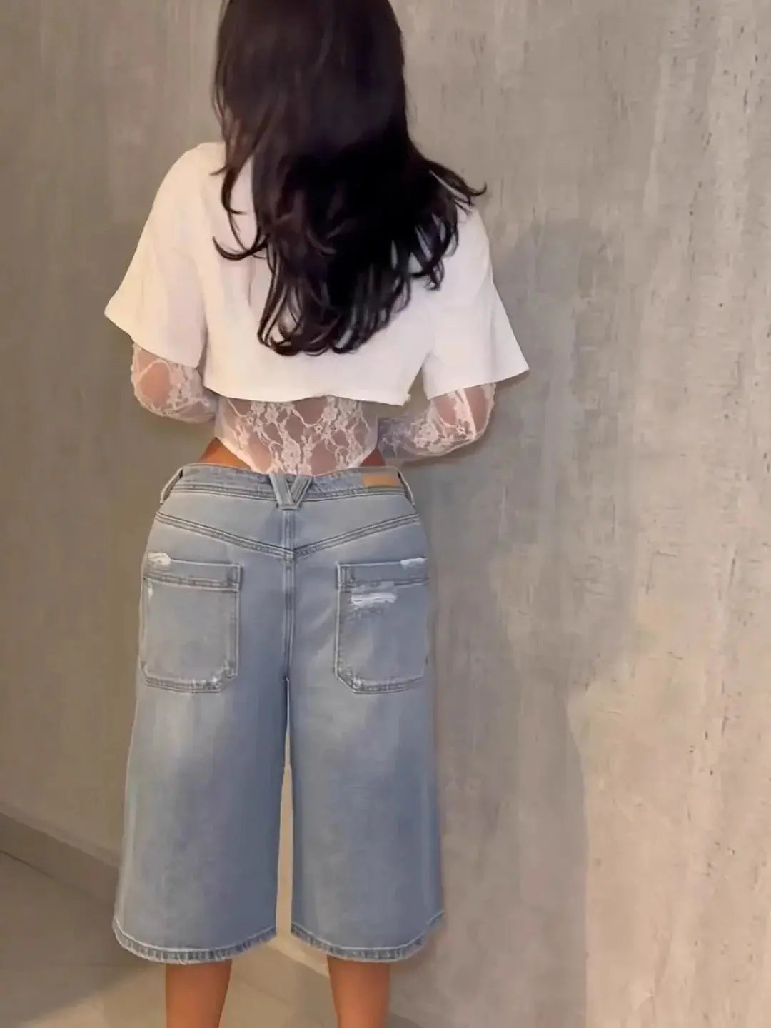 Top corto Sexy de gato extraño para mujer + Body de manga larga de Jacquard de encaje Hottie Street Clubwear Slim salvaje a juego camisetas ajustadas básicas - SYN PERU