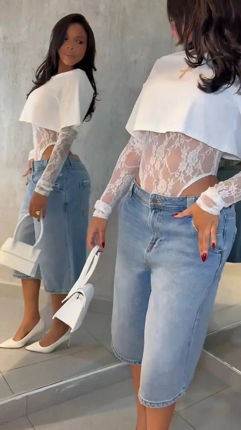 Top corto Sexy de gato extraño para mujer + Body de manga larga de Jacquard de encaje Hottie Street Clubwear Slim salvaje a juego camisetas ajustadas básicas - SYN PERU