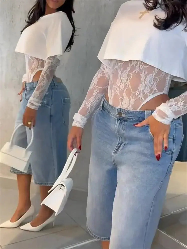 Top corto Sexy de gato extraño para mujer + Body de manga larga de Jacquard de encaje Hottie Street Clubwear Slim salvaje a juego camisetas ajustadas básicas - SYN PERU