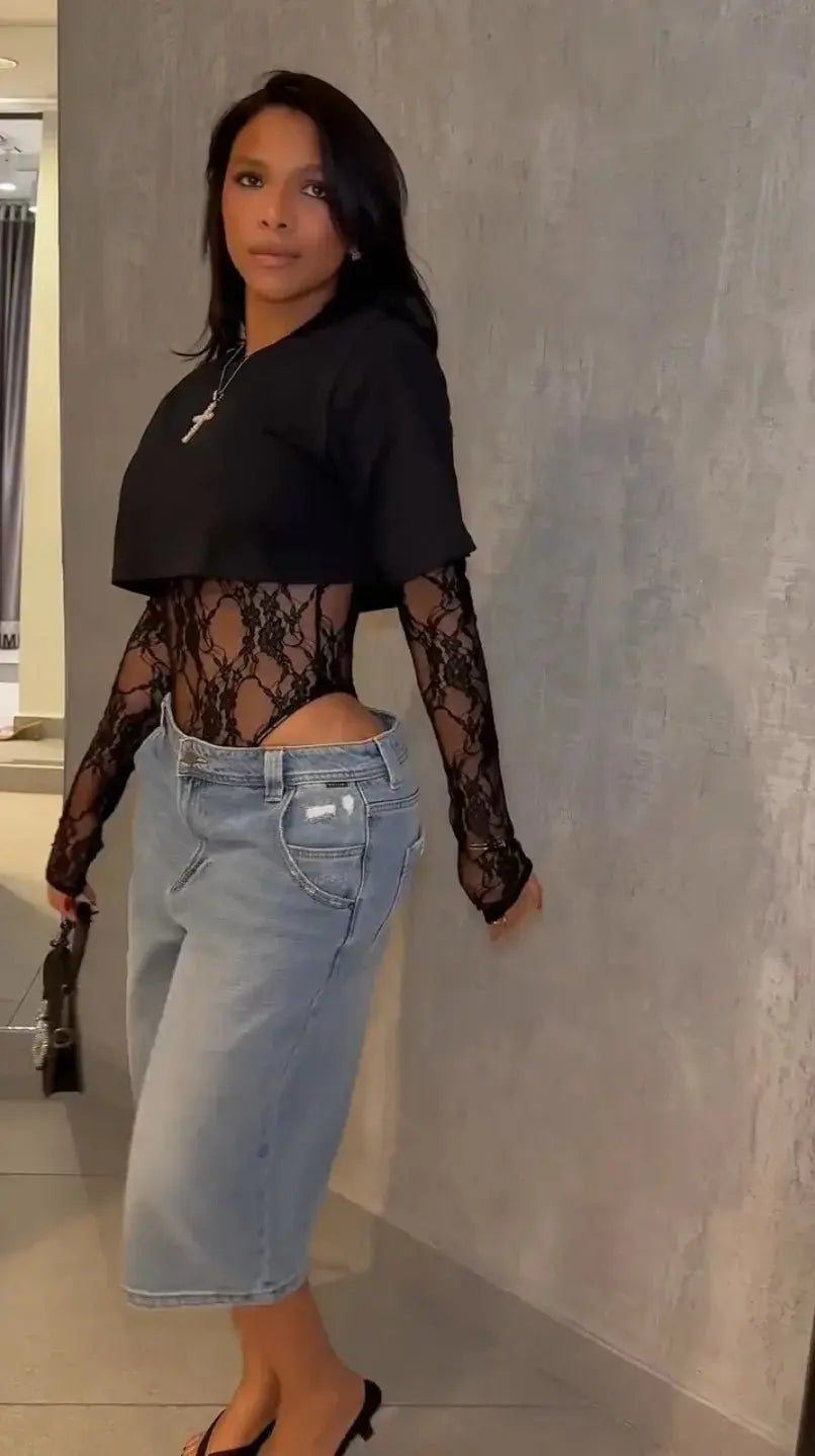 Top corto Sexy de gato extraño para mujer + Body de manga larga de Jacquard de encaje Hottie Street Clubwear Slim salvaje a juego camisetas ajustadas básicas - SYN PERU