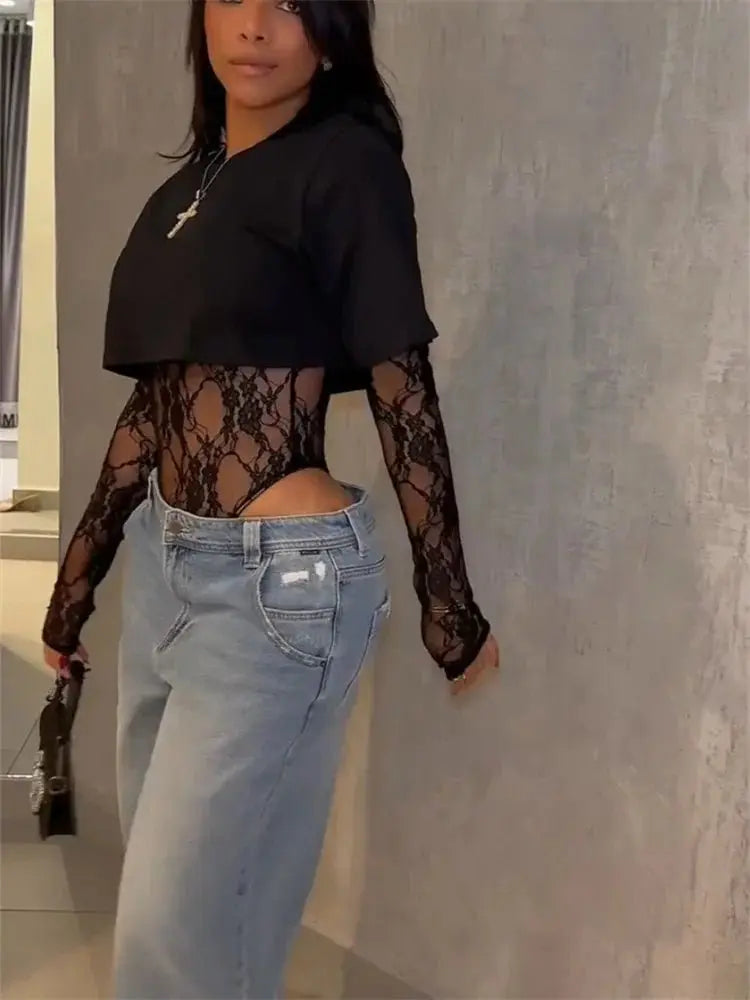 Top corto Sexy de gato extraño para mujer + Body de manga larga de Jacquard de encaje Hottie Street Clubwear Slim salvaje a juego camisetas ajustadas básicas - SYN PERU