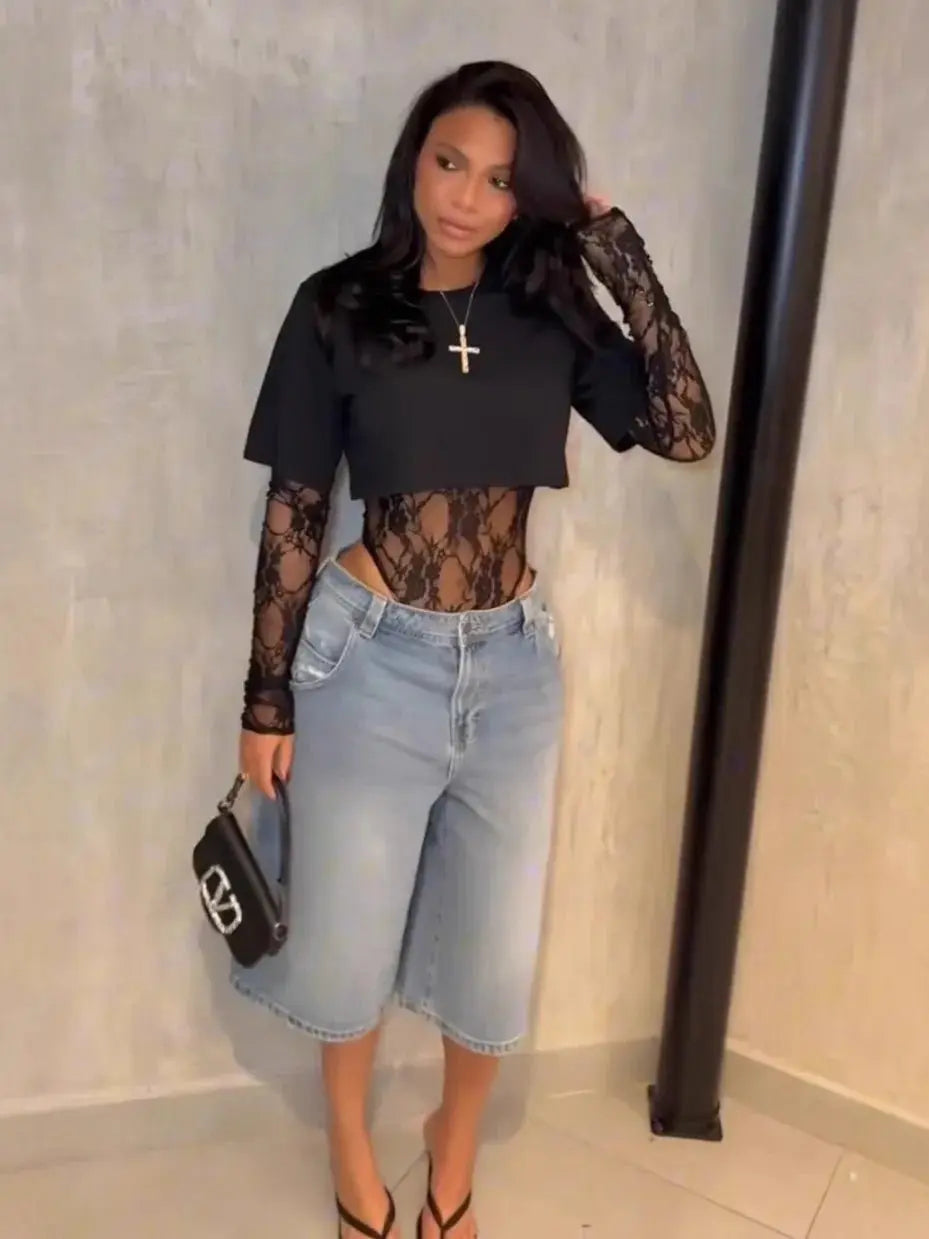 Top corto Sexy de gato extraño para mujer + Body de manga larga de Jacquard de encaje Hottie Street Clubwear Slim salvaje a juego camisetas ajustadas básicas - SYN PERU