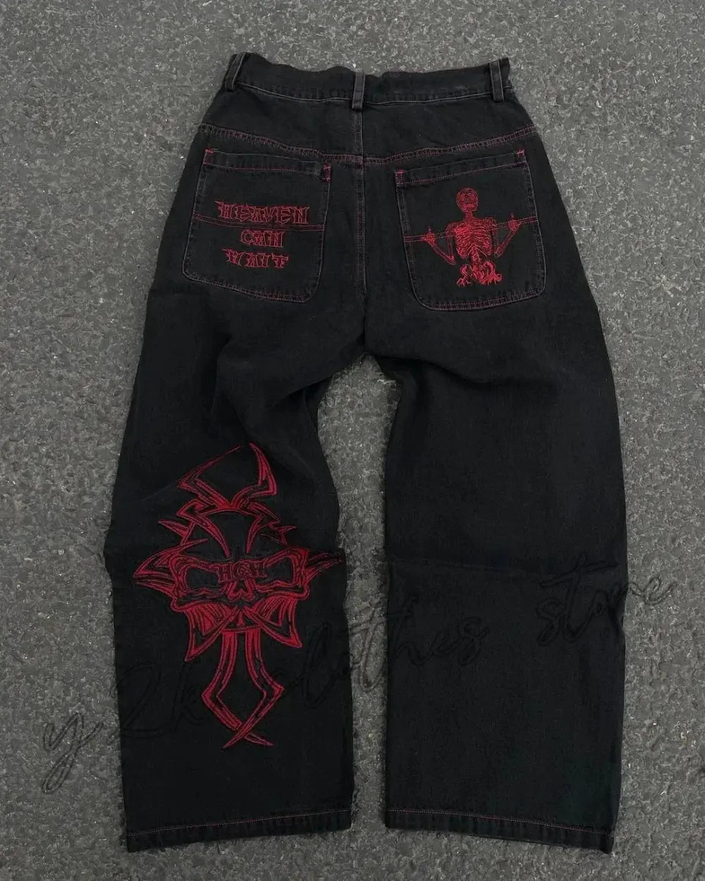 Vaqueros Y2K para hombre, pantalones vaqueros sueltos lavados con bordado de calavera retro de hip - hop, nuevos pantalones de pierna suelta informales de pierna recta, ropa de calle - SYN PERU