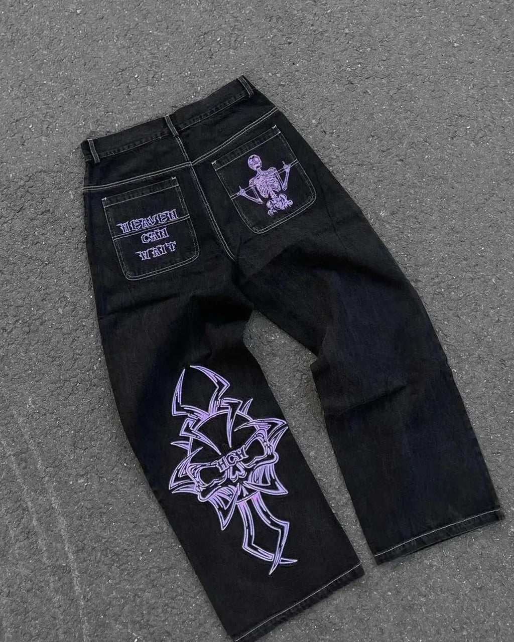 Vaqueros Y2K para hombre, pantalones vaqueros sueltos lavados con bordado de calavera retro de hip - hop, nuevos pantalones de pierna suelta informales de pierna recta, ropa de calle - SYN PERU