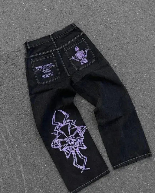 Vaqueros Y2K para hombre, pantalones vaqueros sueltos lavados con bordado de calavera retro de hip - hop, nuevos pantalones de pierna suelta informales de pierna recta, ropa de calle - SYN PERU