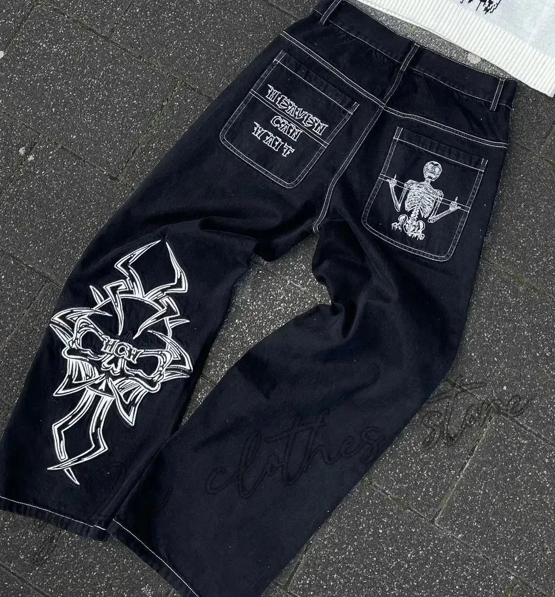 Vaqueros Y2K para hombre, pantalones vaqueros sueltos lavados con bordado de calavera retro de hip - hop, nuevos pantalones de pierna suelta informales de pierna recta, ropa de calle - SYN PERU