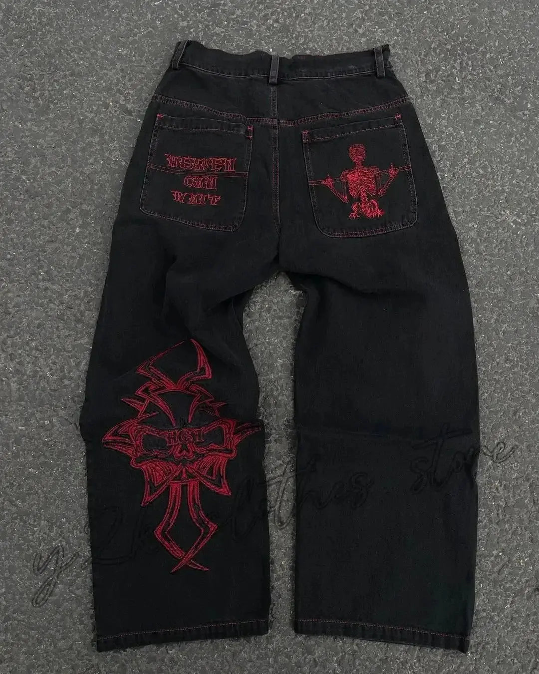 Vaqueros Y2K para hombre, pantalones vaqueros sueltos lavados con bordado de calavera retro de hip - hop, nuevos pantalones de pierna suelta informales de pierna recta, ropa de calle - SYN PERU
