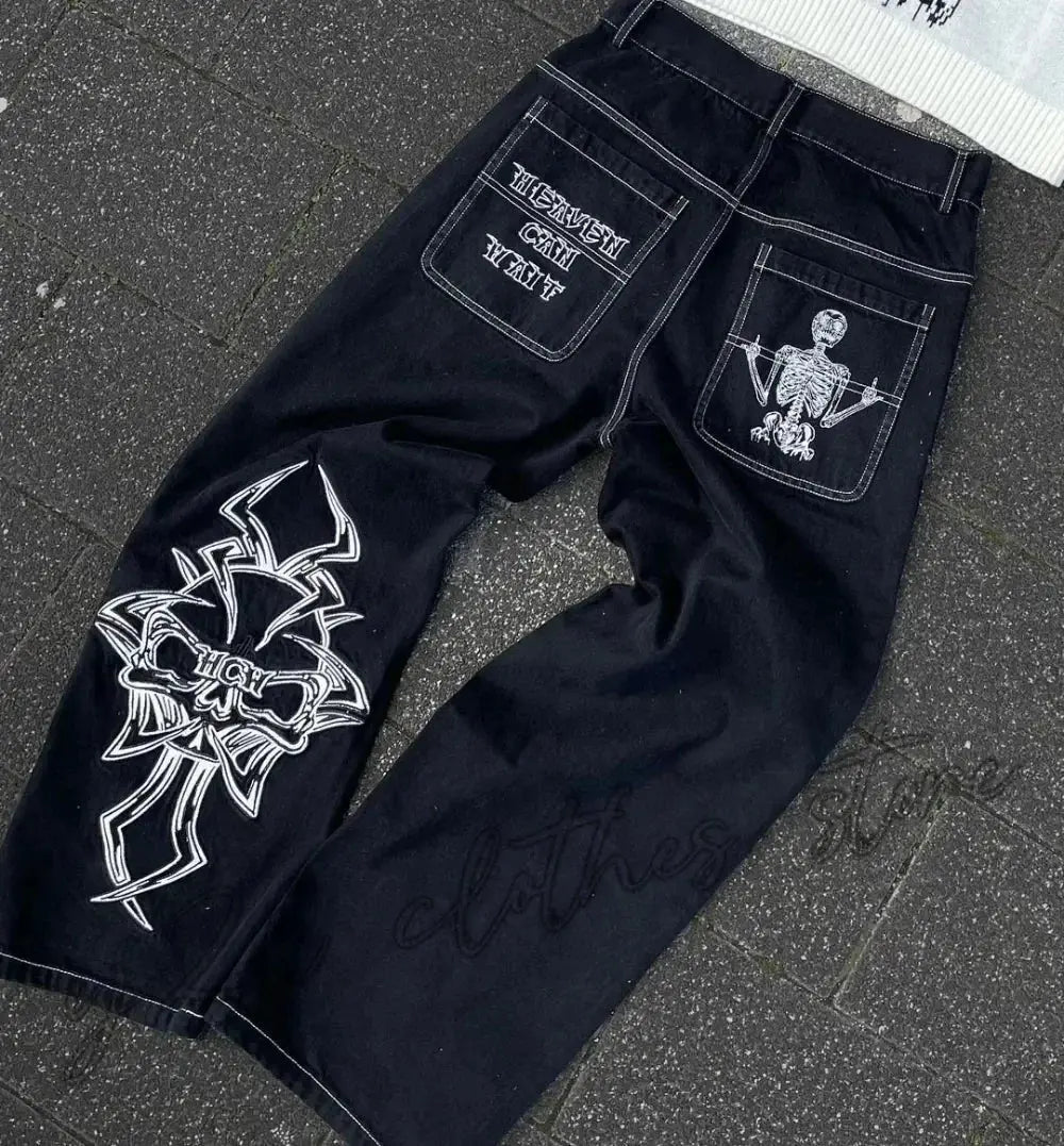 Vaqueros Y2K para hombre, pantalones vaqueros sueltos lavados con bordado de calavera retro de hip - hop, nuevos pantalones de pierna suelta informales de pierna recta, ropa de calle - SYN PERU