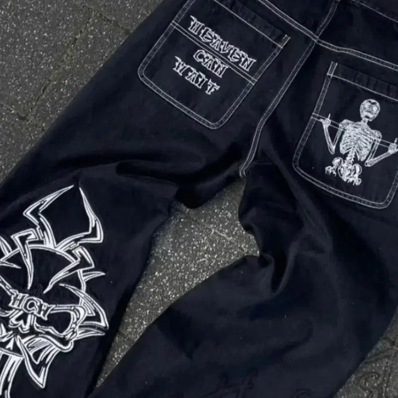 Vaqueros Y2K para hombre, pantalones vaqueros sueltos lavados con bordado de calavera retro de hip - hop, nuevos pantalones de pierna suelta informales de pierna recta, ropa de calle - SYN PERU